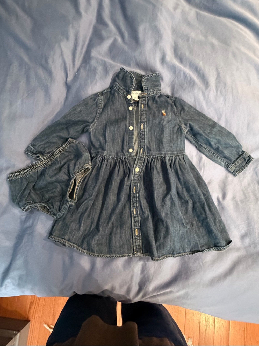 EUC Ralph Lauren Girls' Denim Shirt Dress with Bloomer - Blue (18 months)